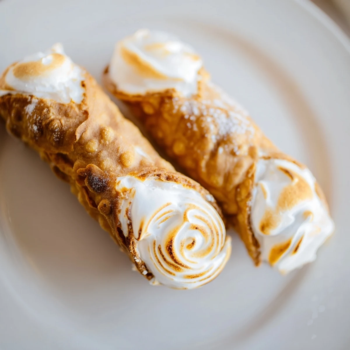 Crispy Italian pastry tubes piped with bright lemon ricotta filling and fluffy meringue