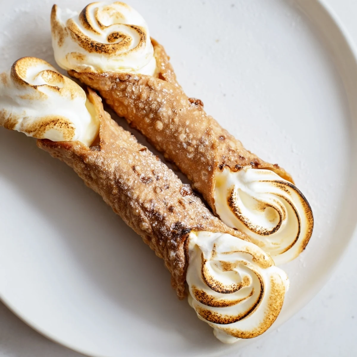 Golden brown cannoli shells overflowing with zesty lemon cream and toasted meringue topping