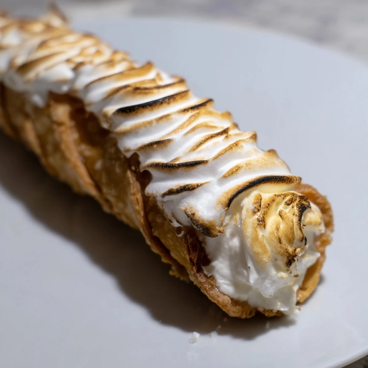 Handheld dessert featuring crunchy shells filled with tangy lemon cream and golden brown meringue