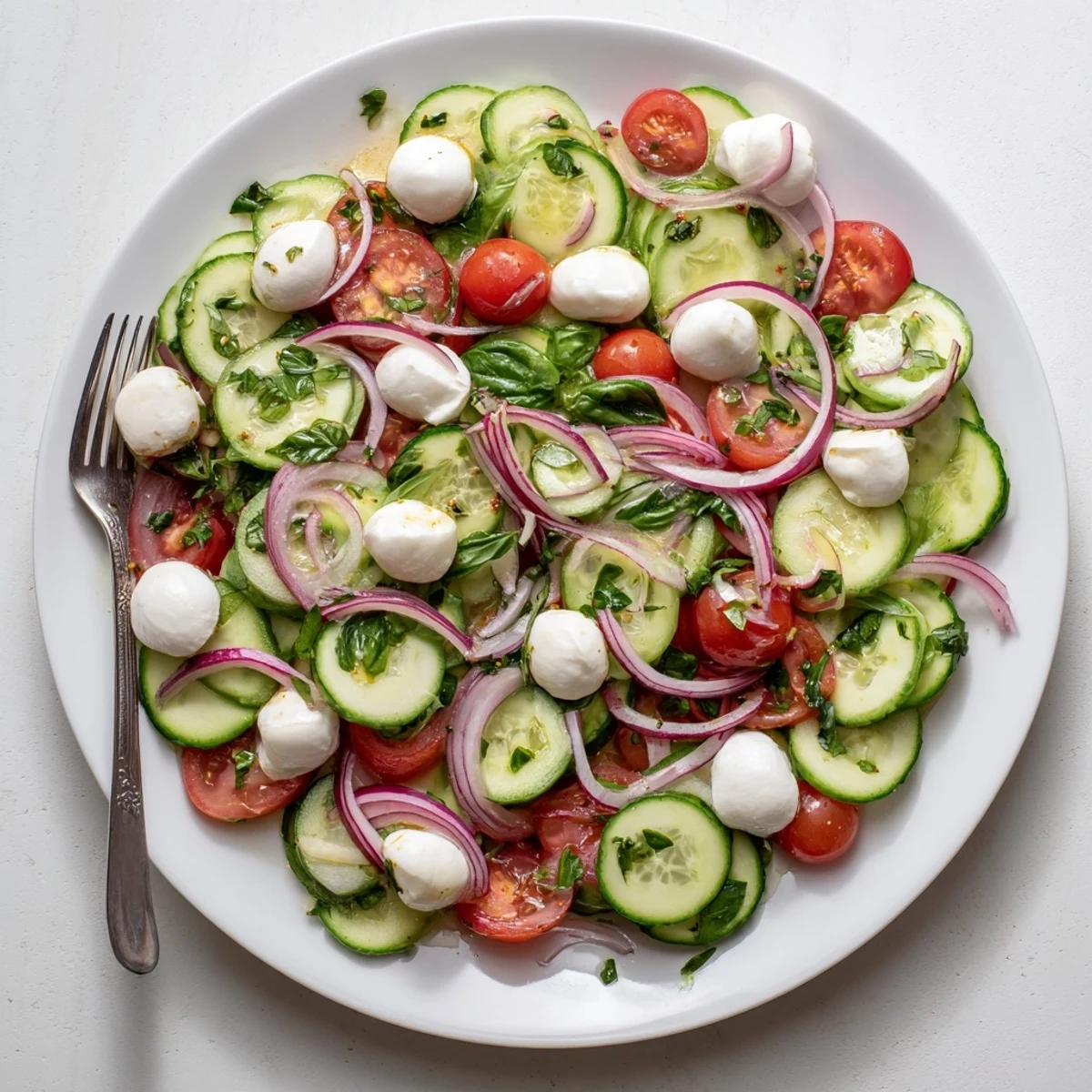 Fresh cucumber mozzarella salad with cherry tomatoes and herbs in a white bowl