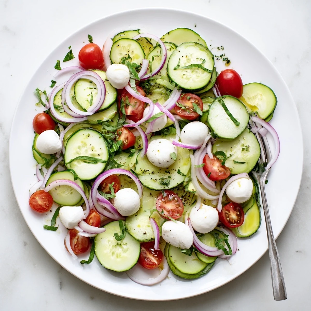 Mediterranean style cucumber mozzarella salad plated with red onion and fresh parsley garnish