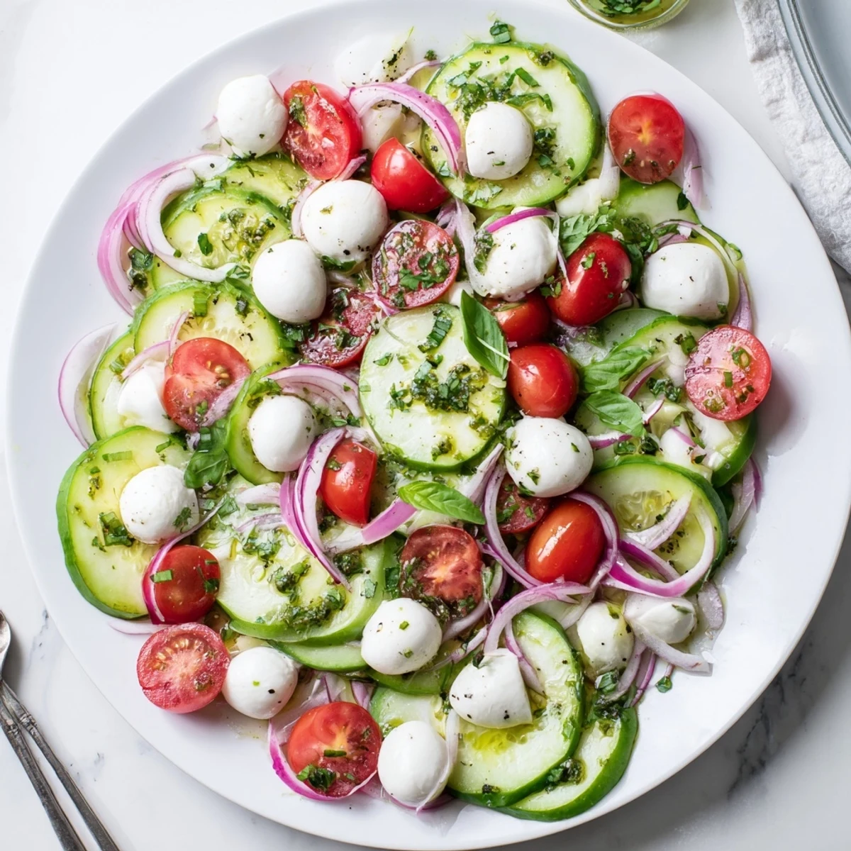 Crisp sliced cucumbers topped with creamy mozzarella balls and basil herb dressing