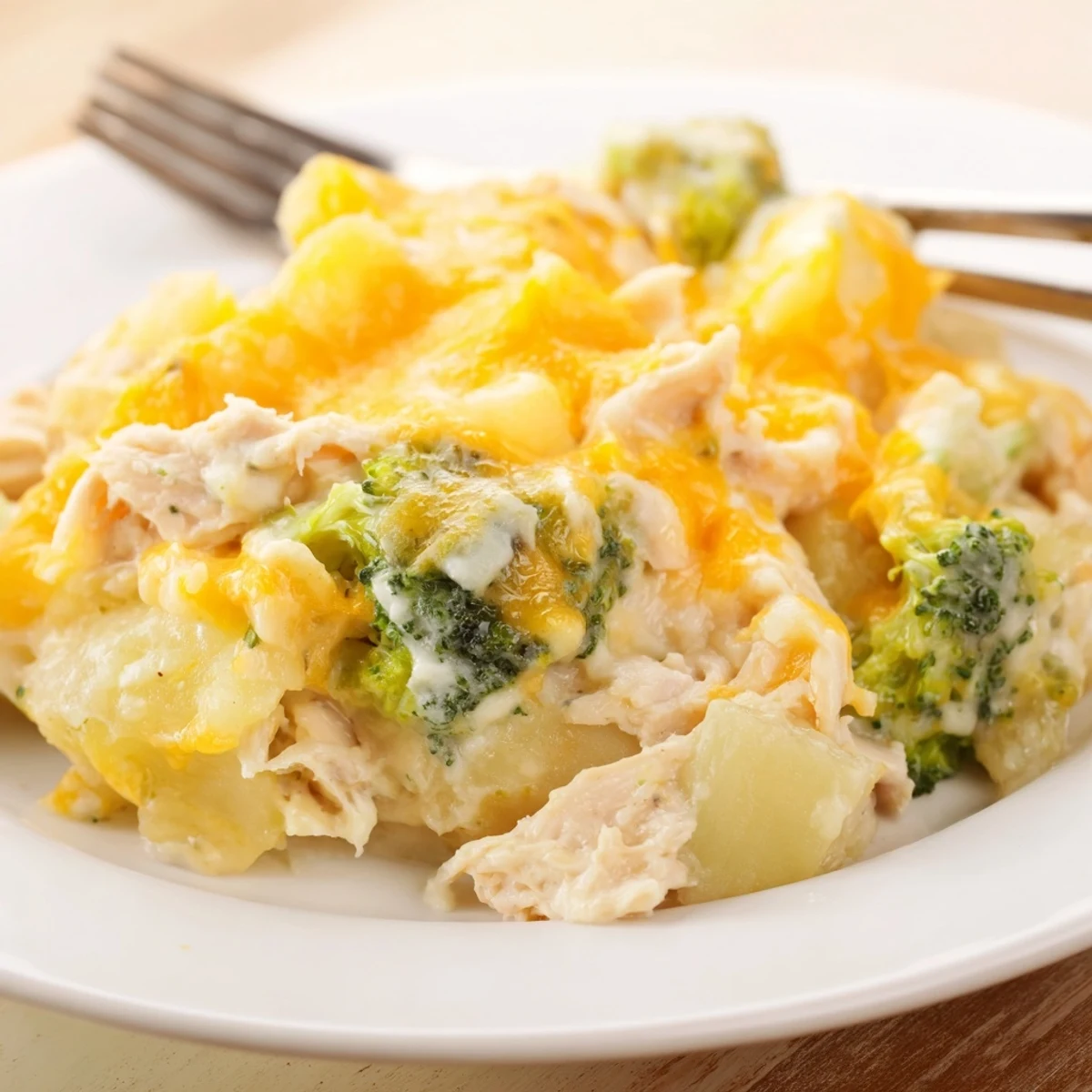Golden baked potato chicken broccoli casserole with melted cheddar cheese topping and tender chunks