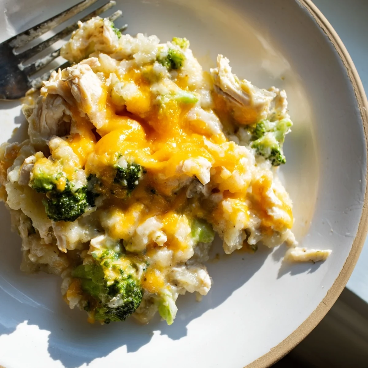 Hearty baked potato chicken broccoli casserole in a white baking dish served family style