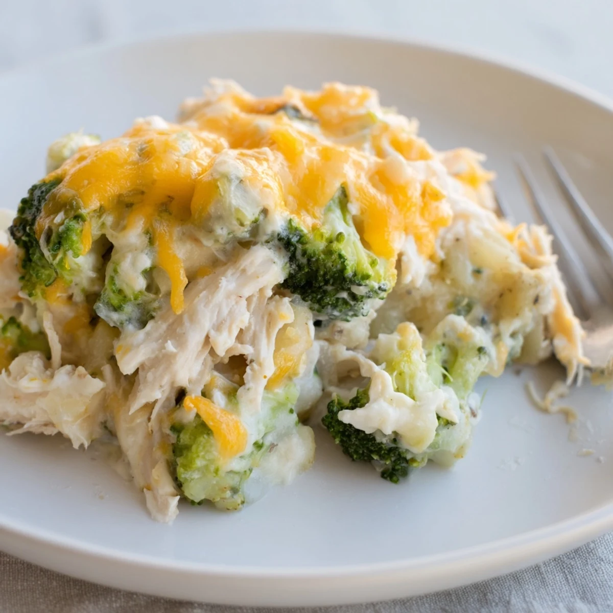Creamy potato chicken broccoli casserole fresh from the oven with bubbling cheese sauce