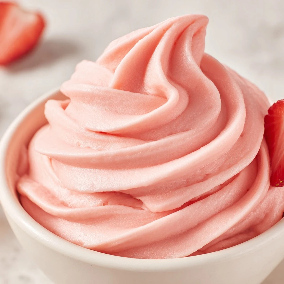 Creamy pink Frozen Strawberry Dole Whip Delight swirled into a glass bowl topped with fresh strawberry slices