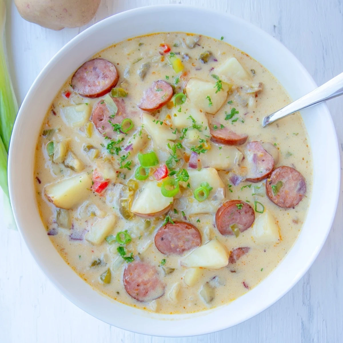 Creamy Cajun potato soup with sliced Andouille sausage in a white bowl