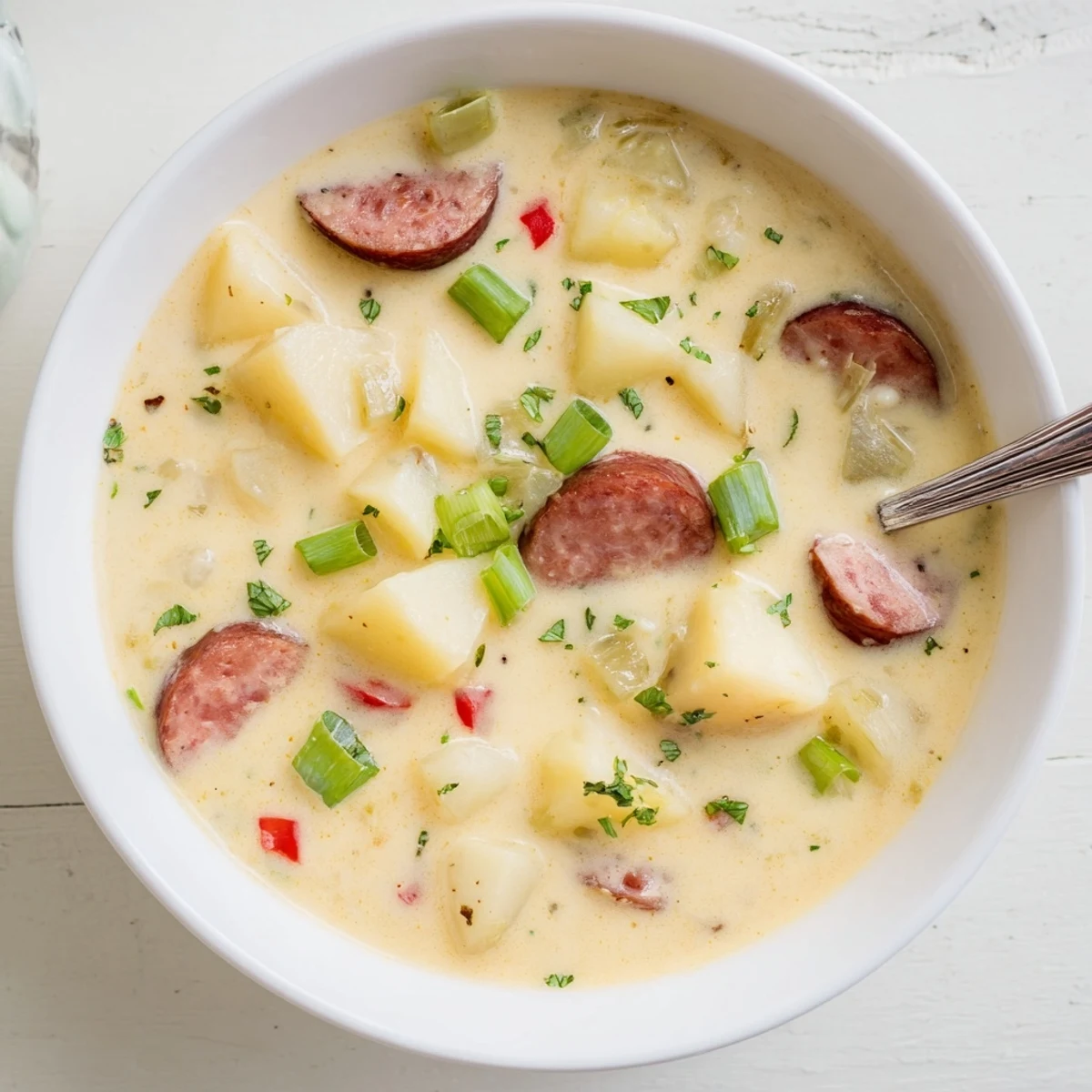Hearty bowl of spicy Cajun potato soup garnished with green onions and parsley