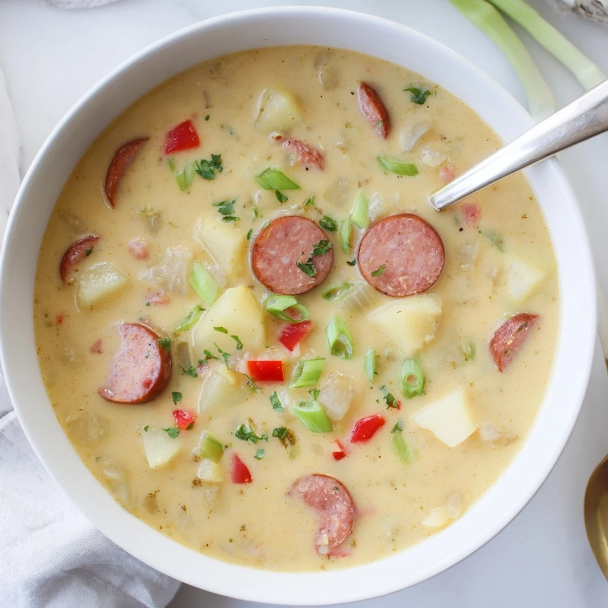 Steaming Cajun potato soup loaded with tender potatoes and smoked sausage pieces
