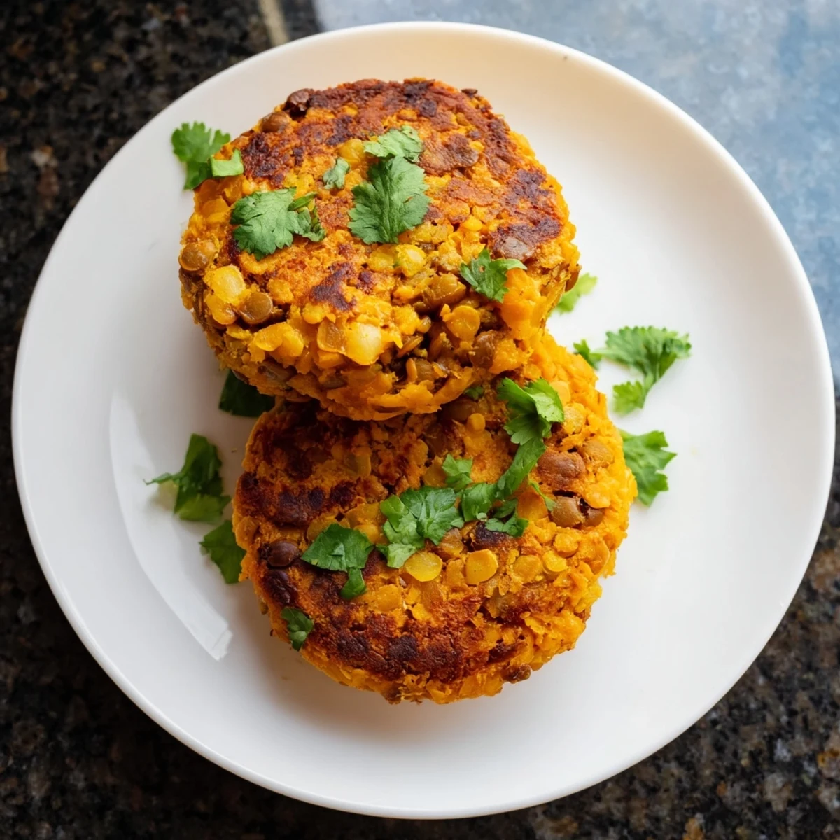 Golden brown sweet potato patties with lentils pan-fried to crispy perfection