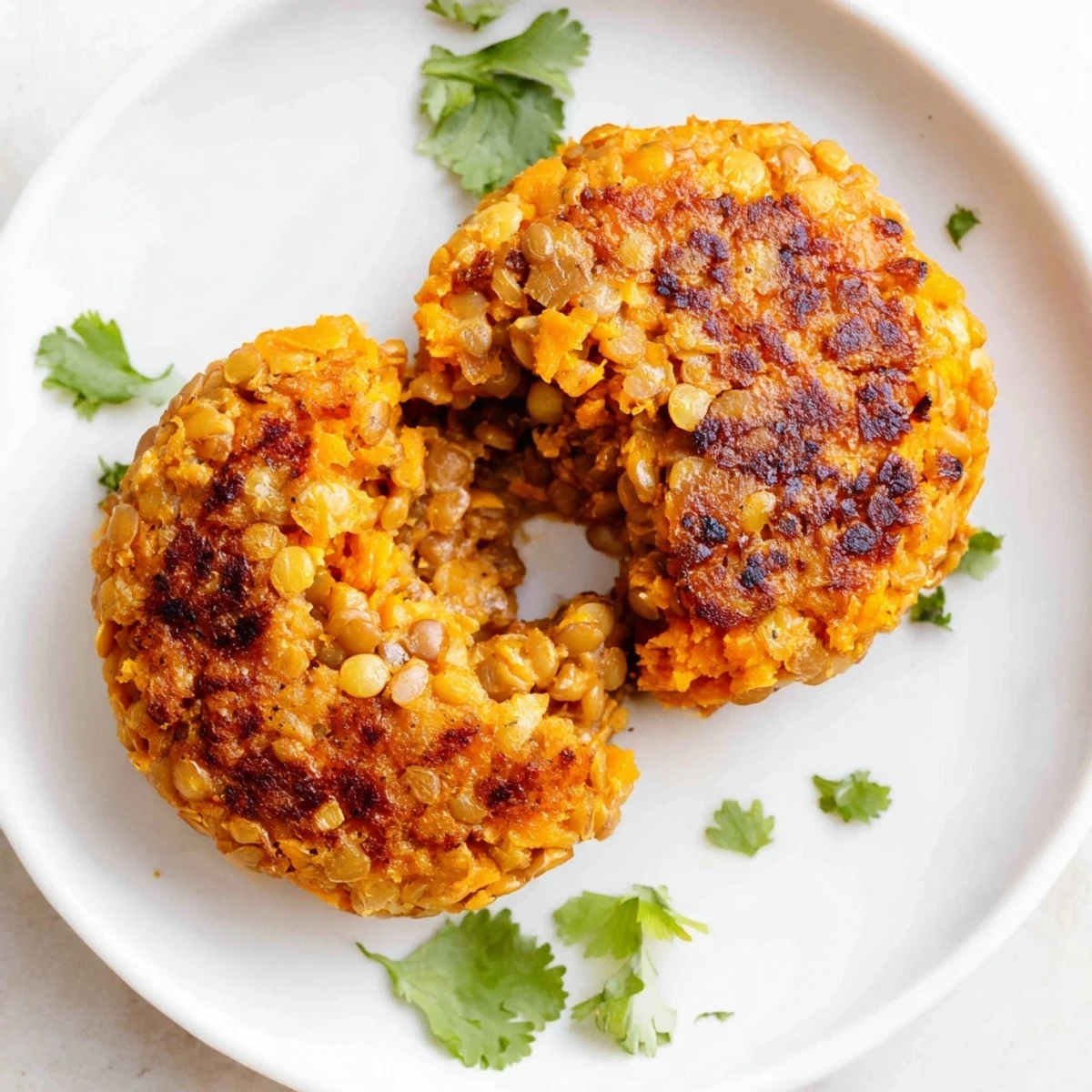 Flavorful vegetarian sweet potato patties with lentils served on white plate