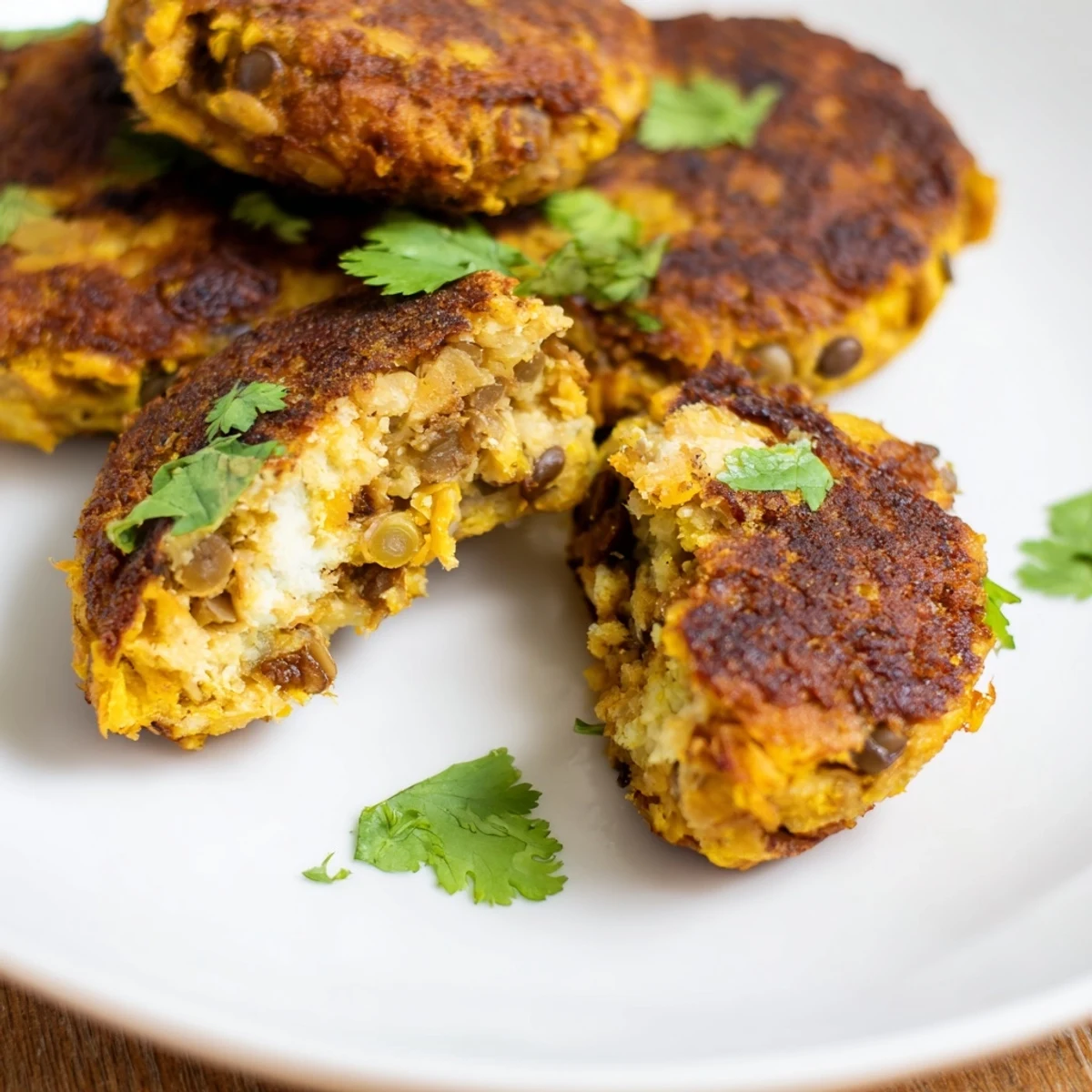 Hearty sweet potato and lentil patties garnished with fresh herbs for lunch