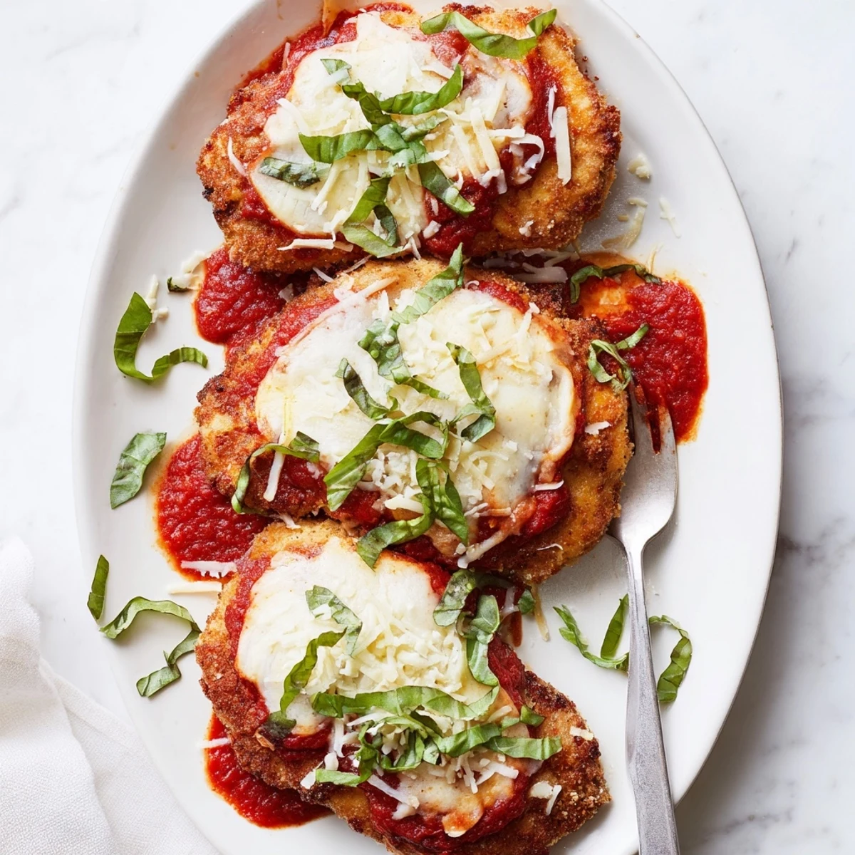Golden brown low carb chicken Parmigiana with bubbling melted mozzarella and rich marinara sauce