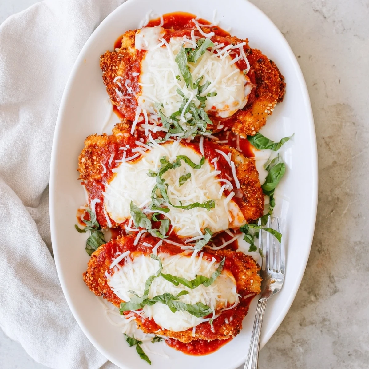 Crispy almond flour crusted chicken breasts topped with savory tomato sauce and gooey cheese