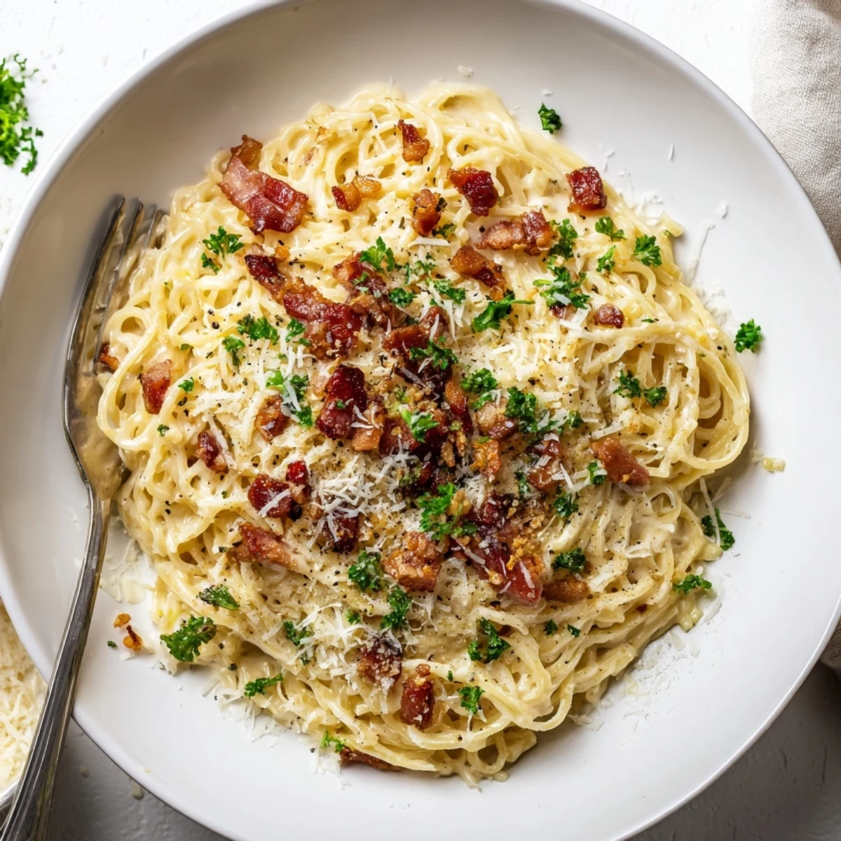 Creamy ramen carbonara twirled on a white plate with crispy bacon bits and fresh parsley garnish