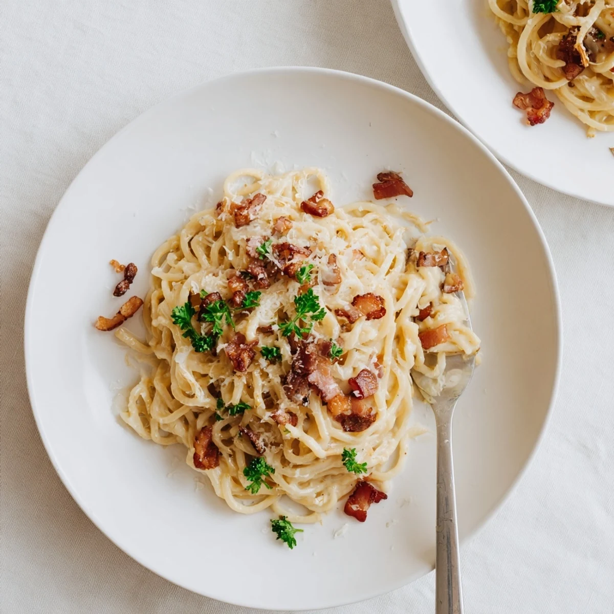 Steaming bowl of ramen carbonara featuring silky egg-coated noodles topped with golden Parmesan and crispy pancetta