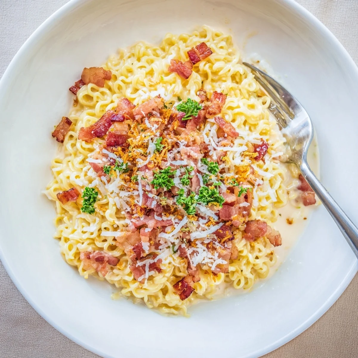 Close-up of fusion ramen carbonara showcasing glossy noodles in rich sauce with bacon and black pepper