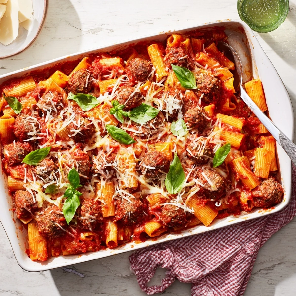 Golden bubbling Italian meatball pasta bake with melted mozzarella cheese over tender beef meatballs and penne in rich tomato sauce