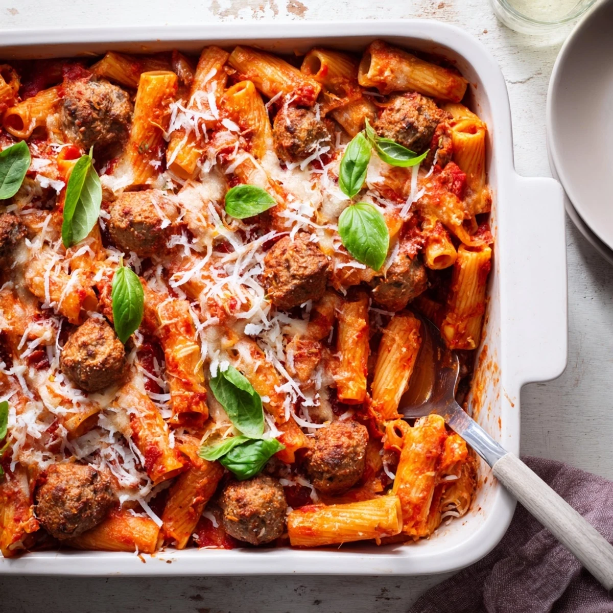 Comforting Italian meatball pasta bake fresh from the oven showing steaming hot meatballs and pasta topped with freshly torn basil leaves