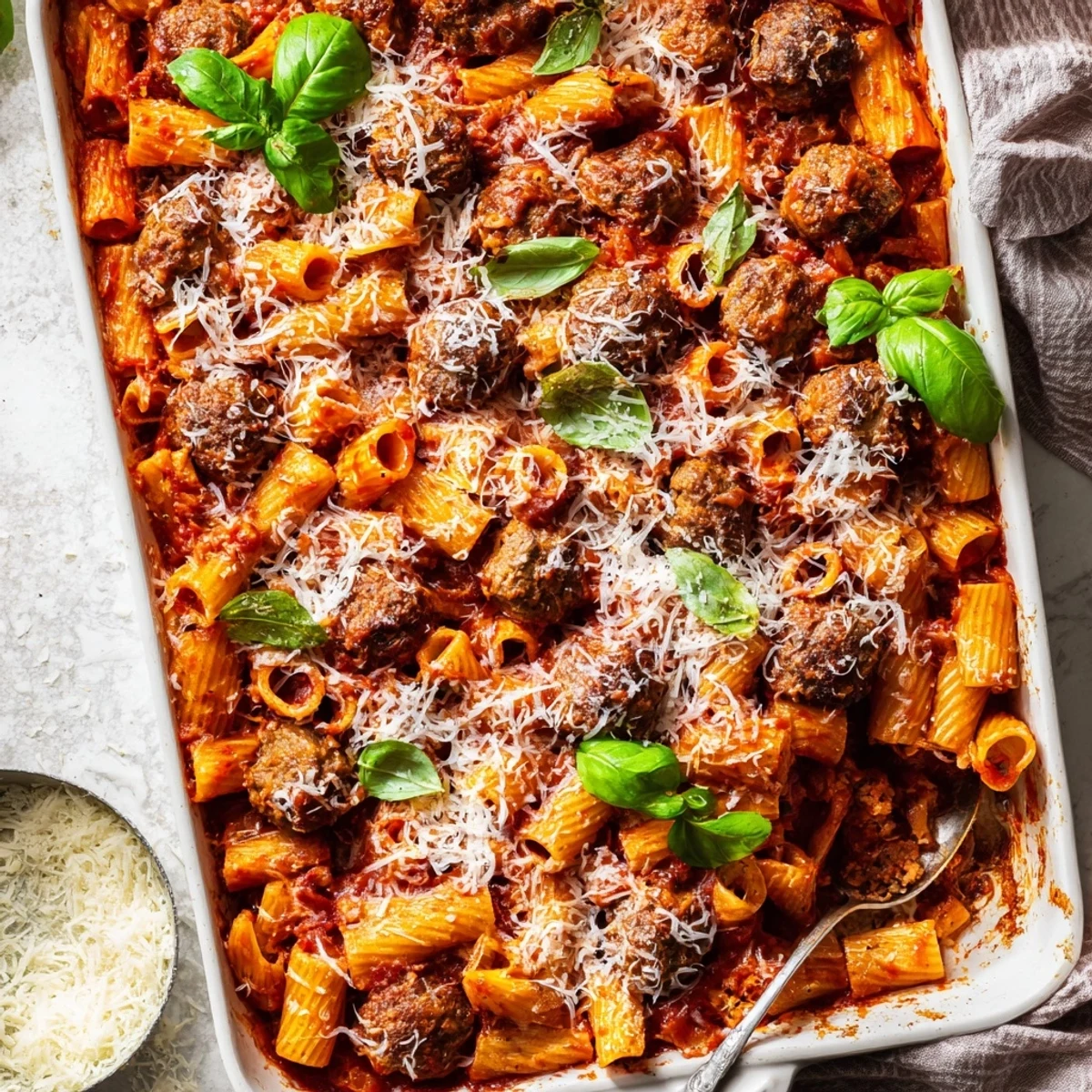 Oven-baked casserole dish featuring juicy homemade meatballs nestled in al dente pasta with a layer of golden brown melted cheese