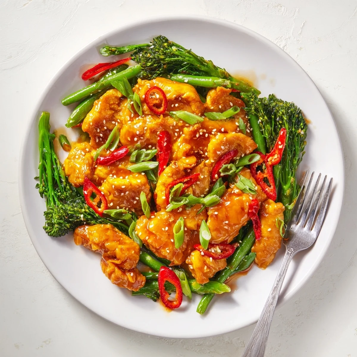 Golden glazed chicken pieces coated in sticky orange sauce beside vibrant chili-spiced stir-fried greens on a white plate