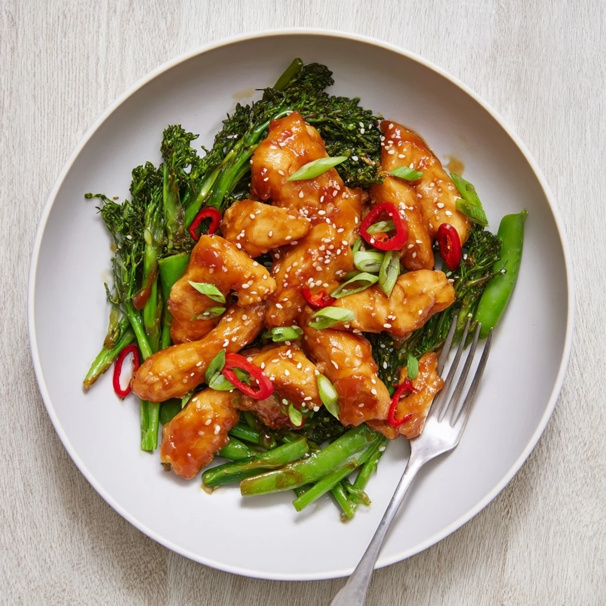 Succulent orange chicken thighs glistening with sweet tangy glaze served over crisp tender vegetables and red chili slices