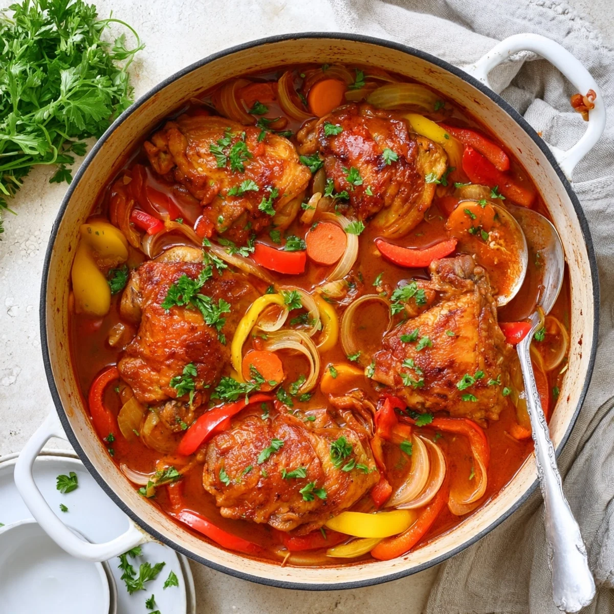 Golden brown chicken thighs braised in a rich tomato sauce with fresh parsley garnish