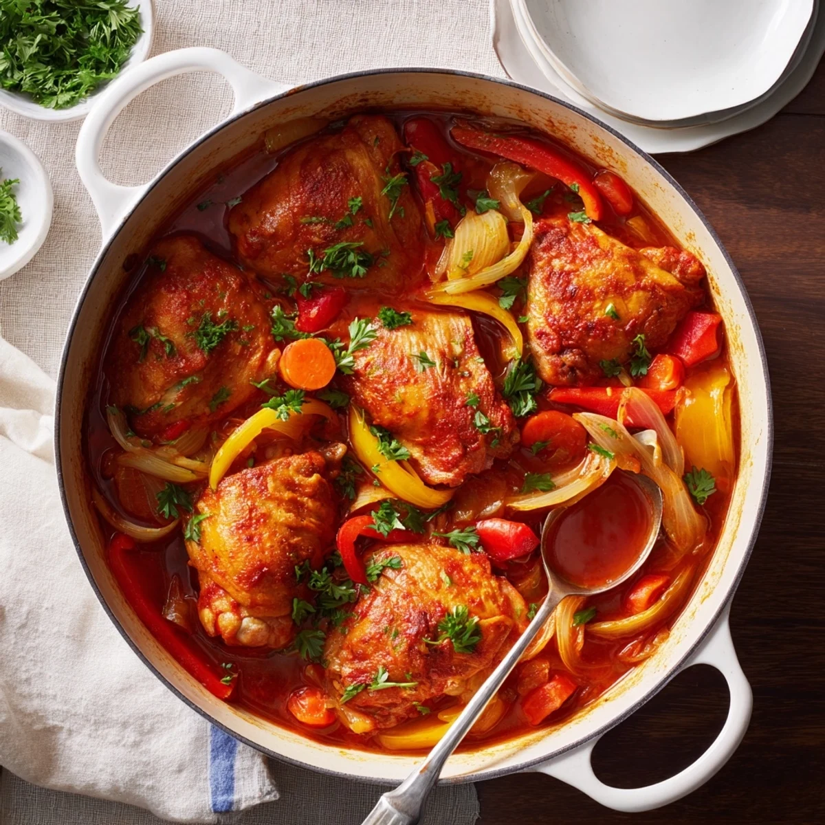 Comforting one pot chicken meal with tender meat, colorful vegetables, and thickened tomato braising liquid