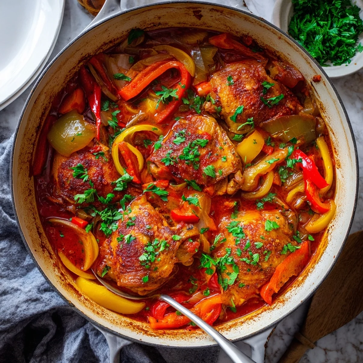 Tender Italian braised one pot chicken simmered with vegetables in a savory herb sauce