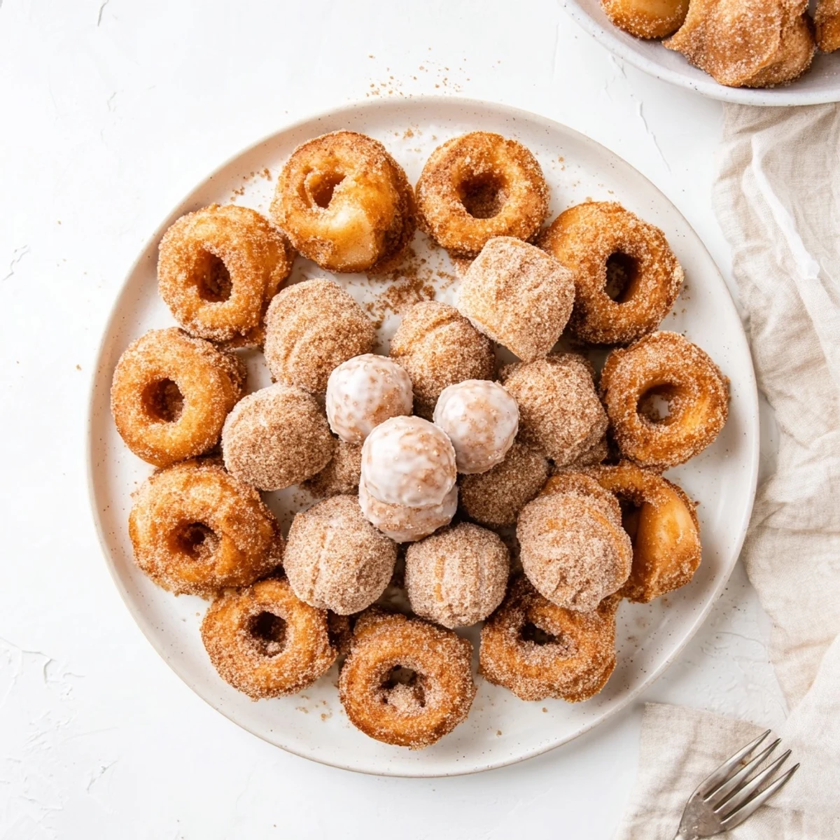 Golden pumpkin spice biscuit donuts coated in cinnamon sugar, served on a rustic wooden board