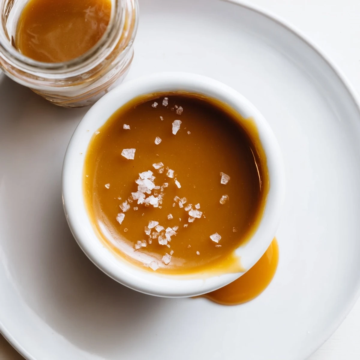 Silky smooth homemade easy caramel sauce pooled in a glass jar with a wooden spoon