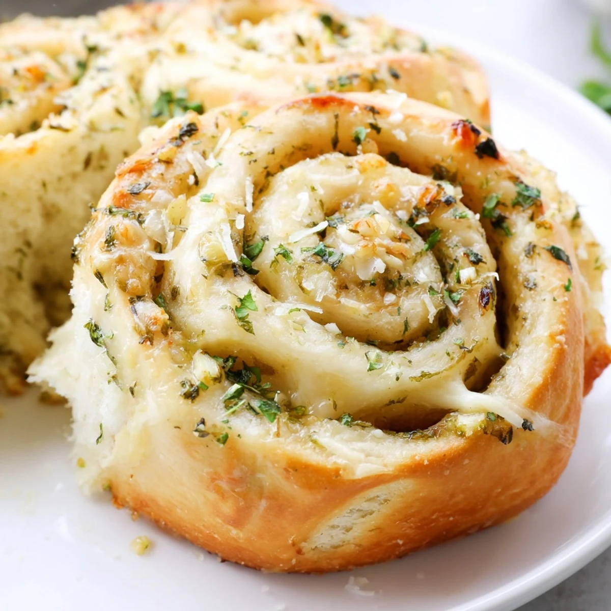 Golden brown Buttery Cheese Garlic Rolls fresh from the oven with melted mozzarella and parsley garnish