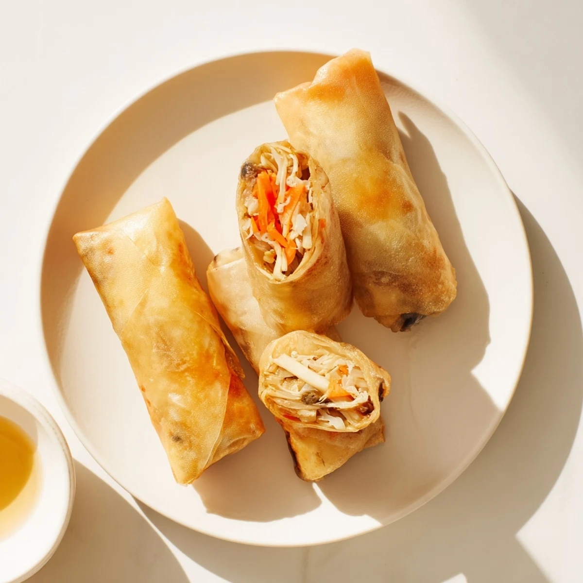 Golden crispy rice paper spring rolls arranged on a serving plate with fresh herbs