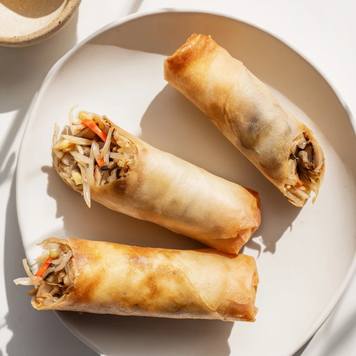 Homemade crispy rice paper spring rolls sliced open to reveal colorful shredded vegetable filling