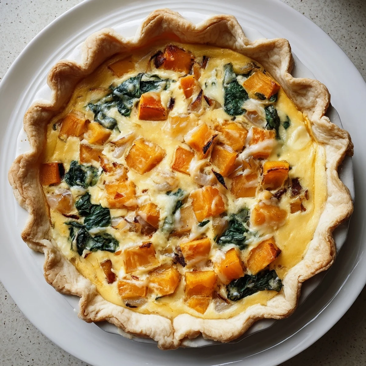 Savory Halloween pumpkin and butternut squash pie slice revealing the colorful vegetable filling and melted cheesy interior
