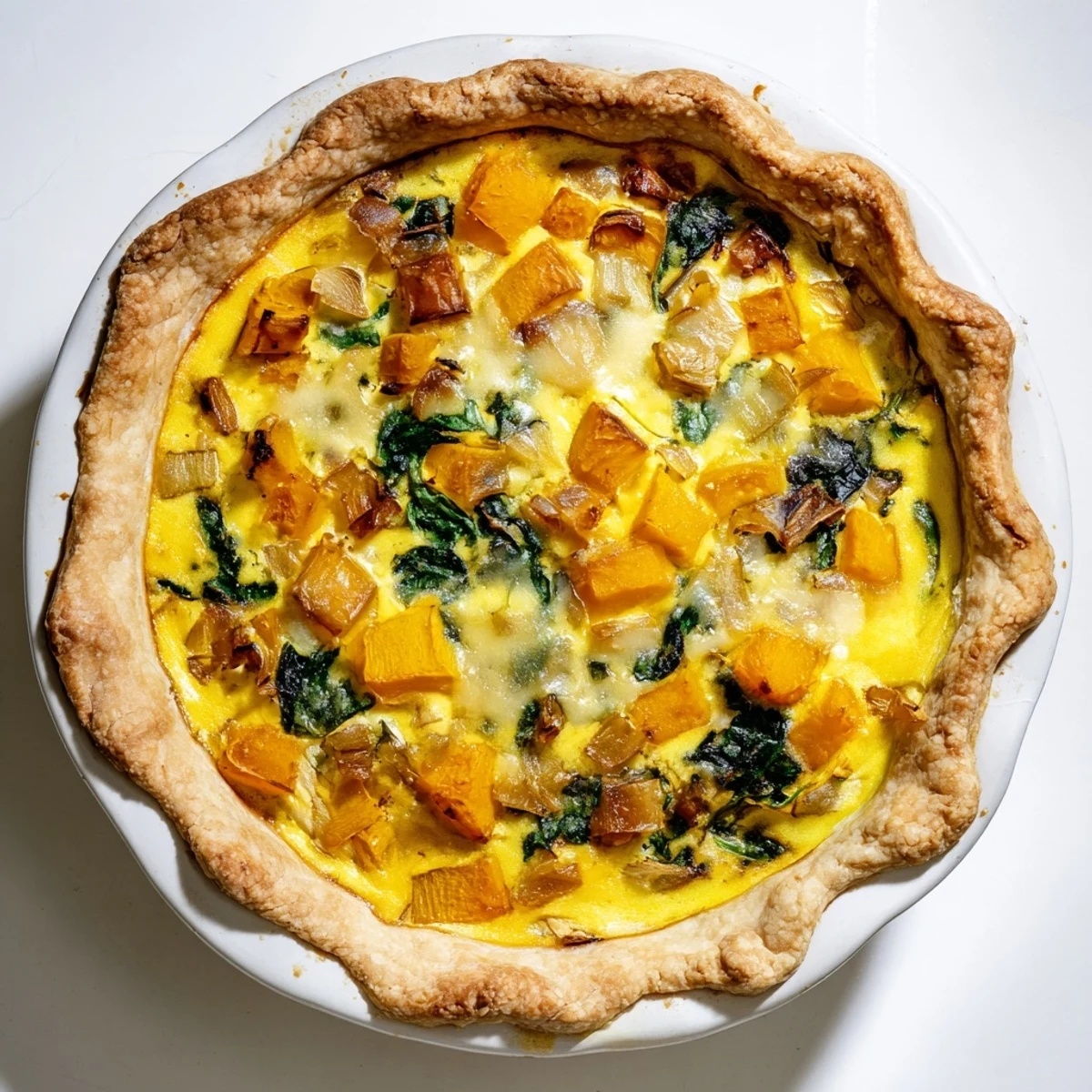 Golden brown Halloween pumpkin and butternut squash pie with a flaky crust, sprinkled with roasted pumpkin seeds on top