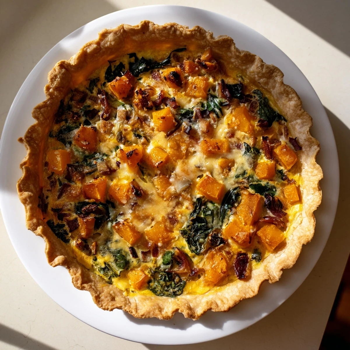 Whole homemade Halloween pumpkin and butternut squash pie cooling on a wooden board, garnished with fresh sage leaves