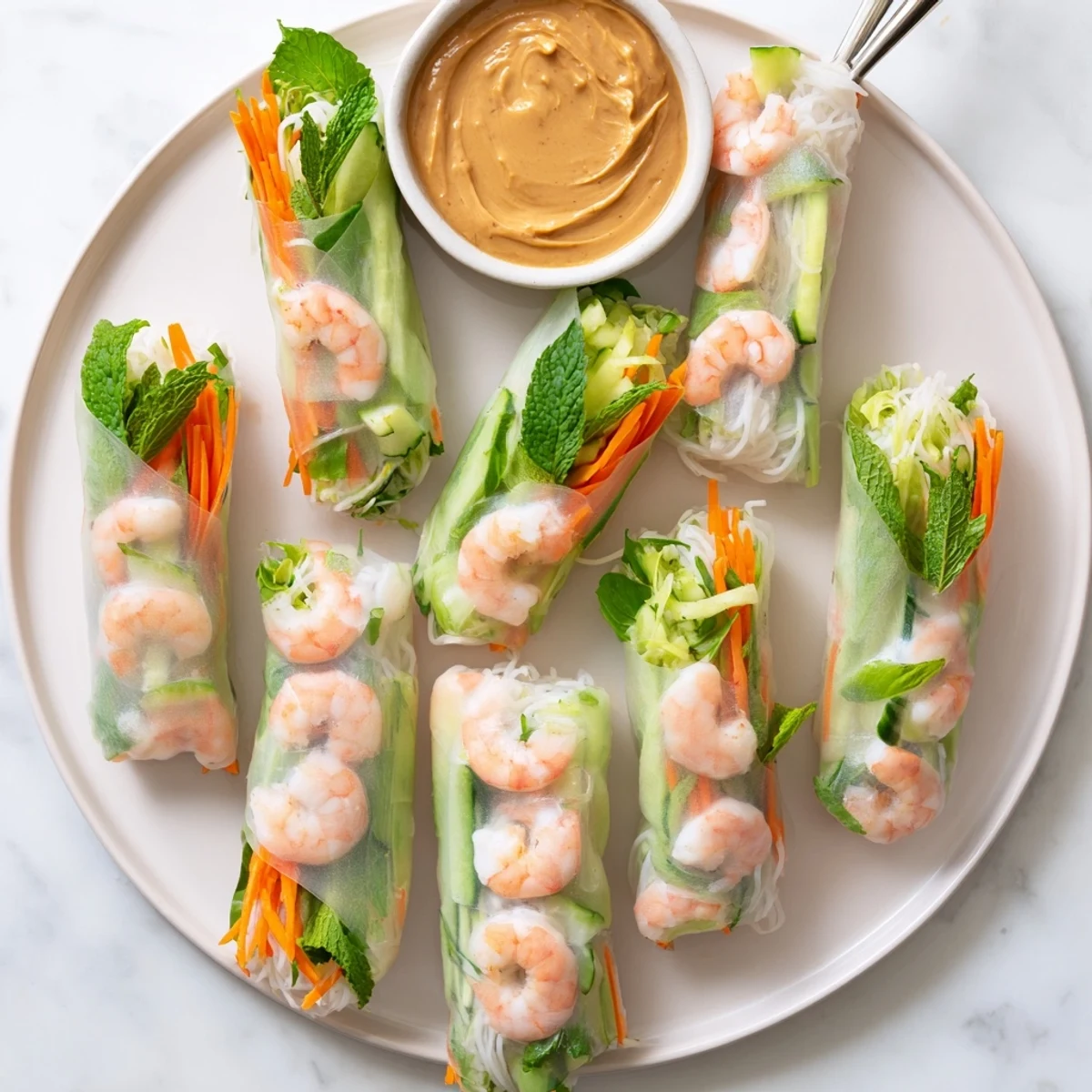 Genuine fresh spring rolls with peanut sauce featuring transparent rice paper filled with vibrant julienned vegetables and pink shrimp