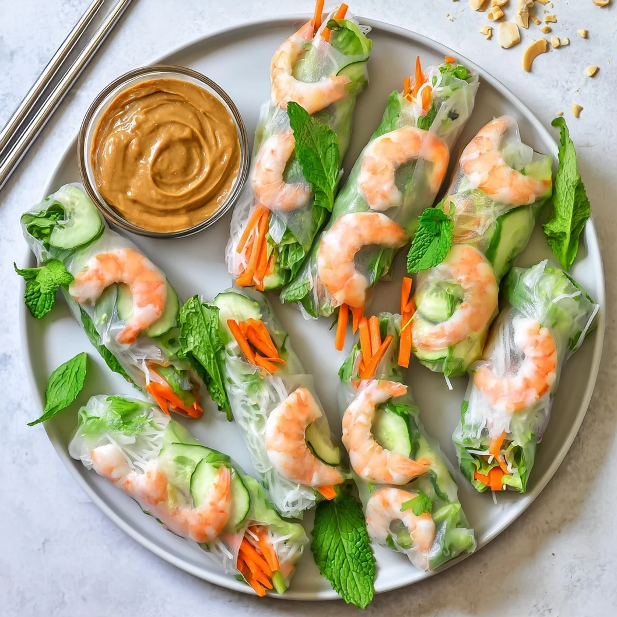 Close-up of fresh spring rolls with peanut sauce showcasing the translucent wrapper revealing crisp cucumber, carrot, and tender shrimp inside