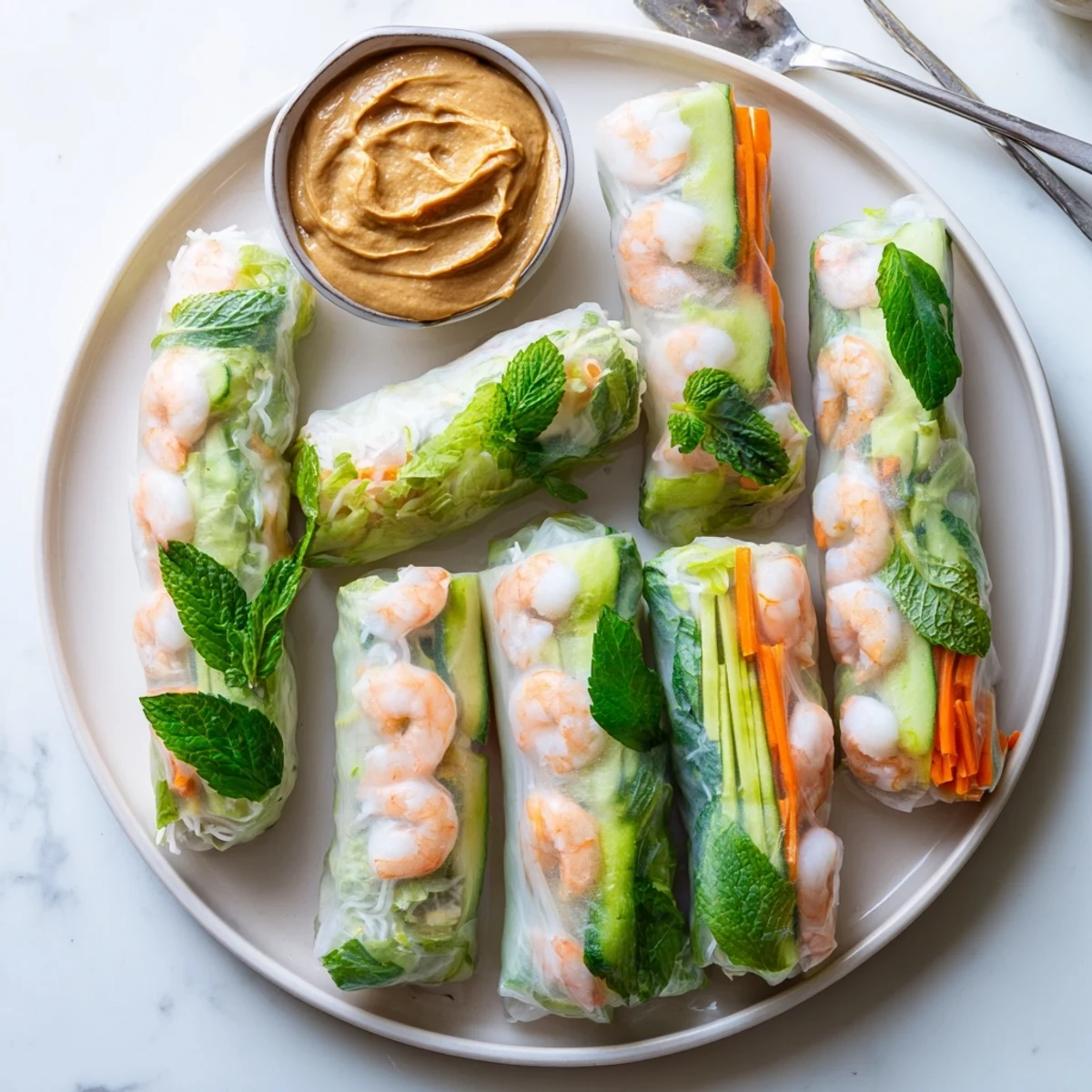 Colorful Vietnamese fresh spring rolls with peanut sauce arranged on a white plate surrounded by fresh mint and cilantro garnish