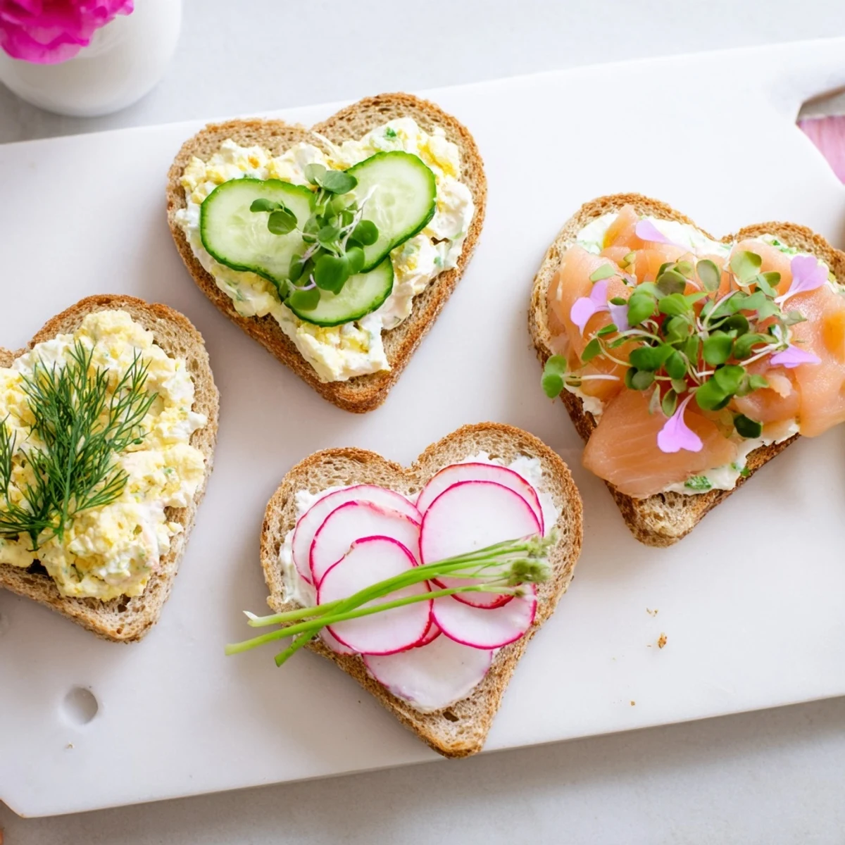 Elegant heart shaped tea sandwich board with cucumber, egg salad, and smoked salmon varieties garnished with fresh radishes and microgreens