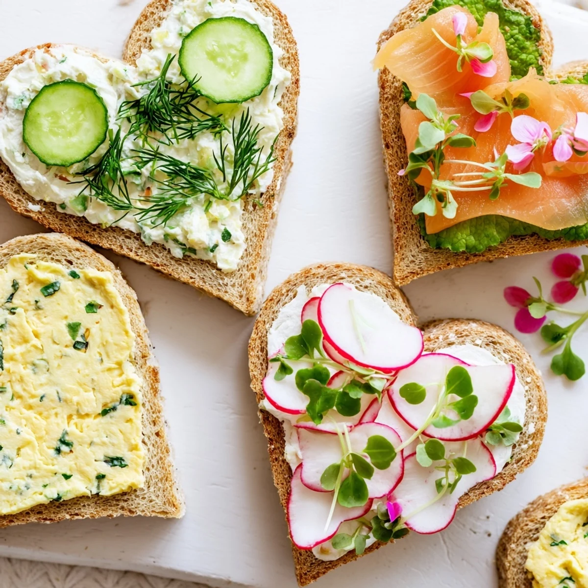 Beautiful arrangement of heart shaped tea sandwiches featuring cream cheese, egg salad, and smoked salmon fillings on a rustic wooden serving platter