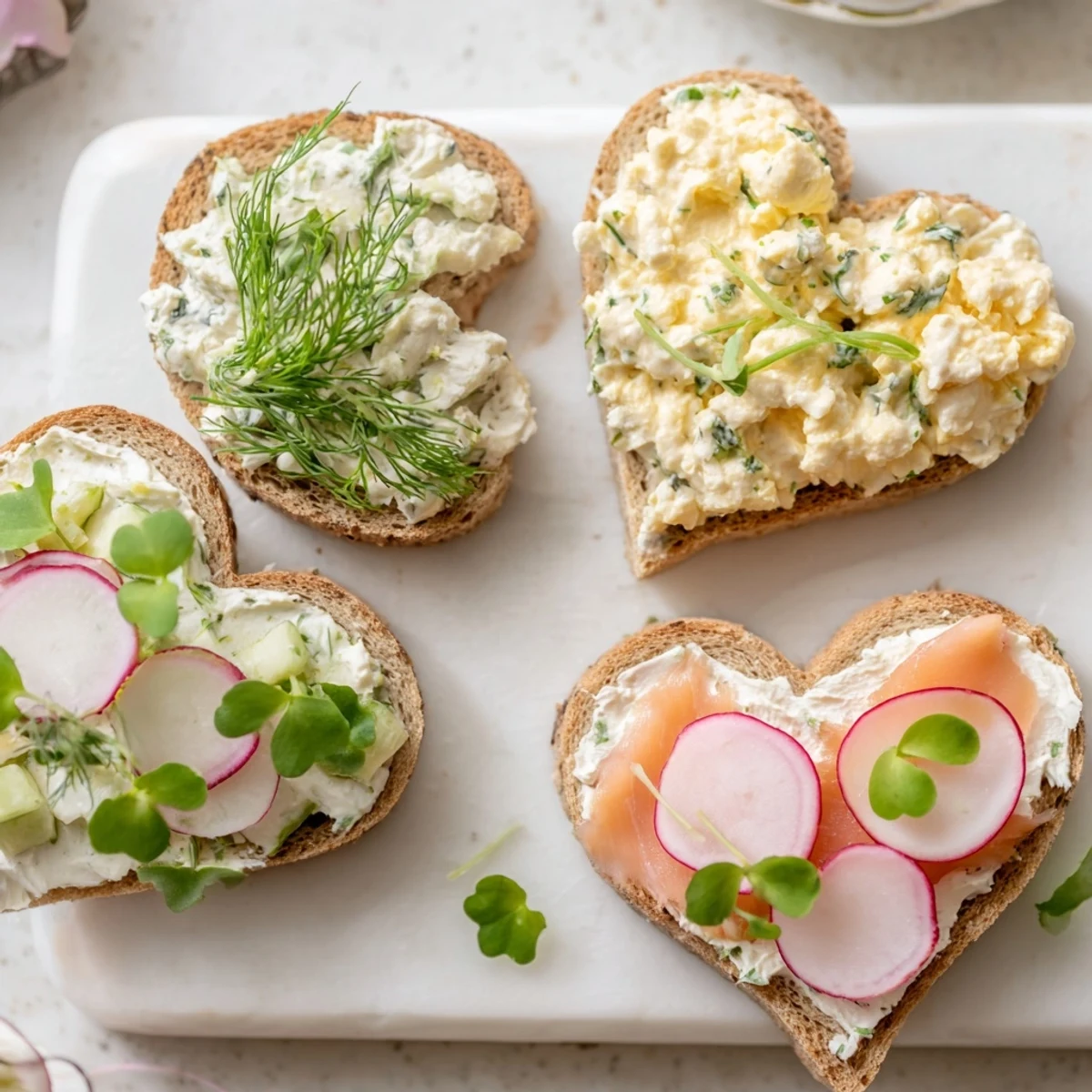 Assortment of heart shaped tea sandwiches with colorful fillings including herbed butter salmon, dill cream cheese cucumber, and chive egg salad