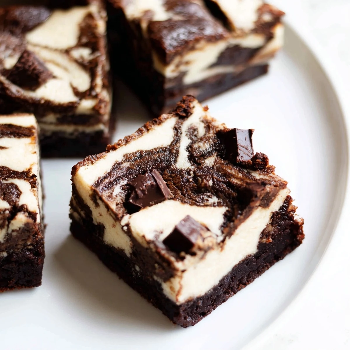 Rich chocolate cheesecake swirled brownies with creamy marble patterns on a white plate