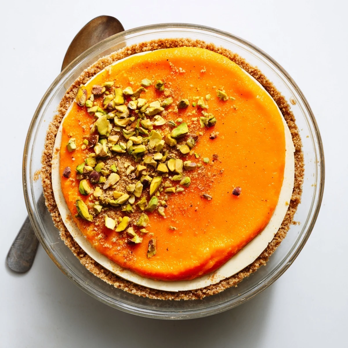 Creamy persimmon cheesecake in a glass layered with graham cracker crust and fresh persimmon topping garnished with chopped pistachios