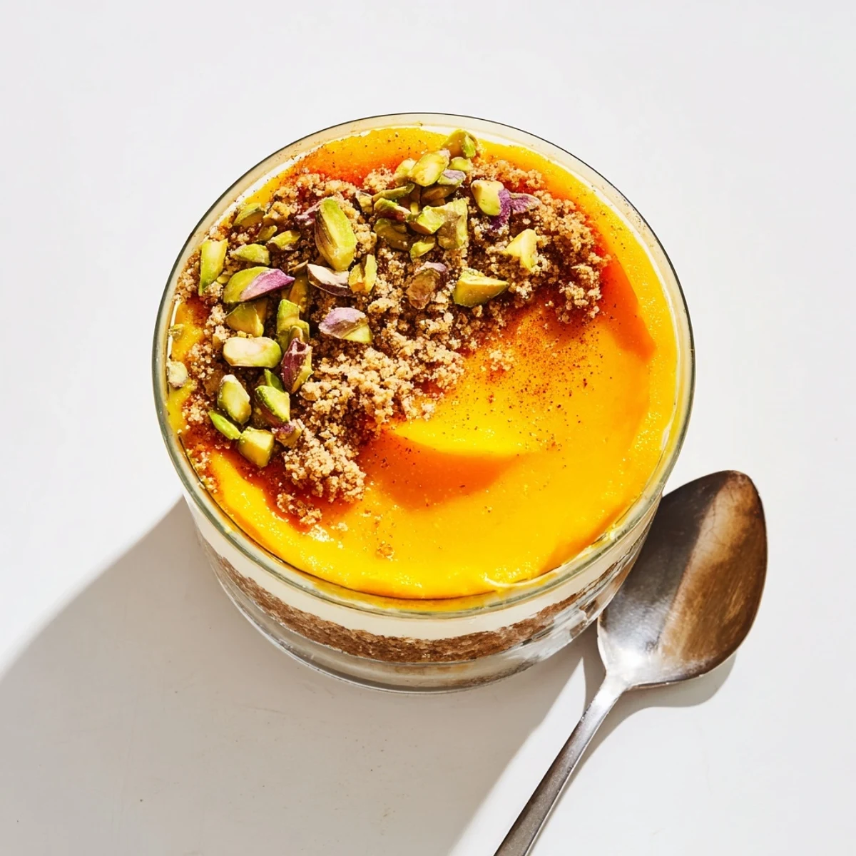 Individual persimmon cheesecake glasses showing whipped dairy-free filling topped with sweet persimmon chunks and a sprinkle of ground cinnamon