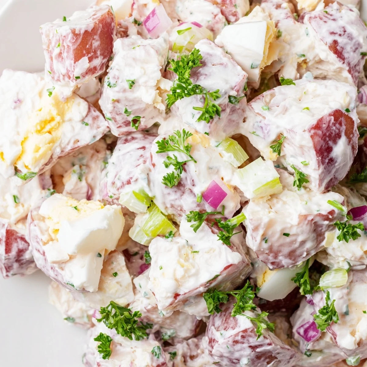 Creamy red potato salad with tender cubes, crisp celery, and fresh herbs in a bowl