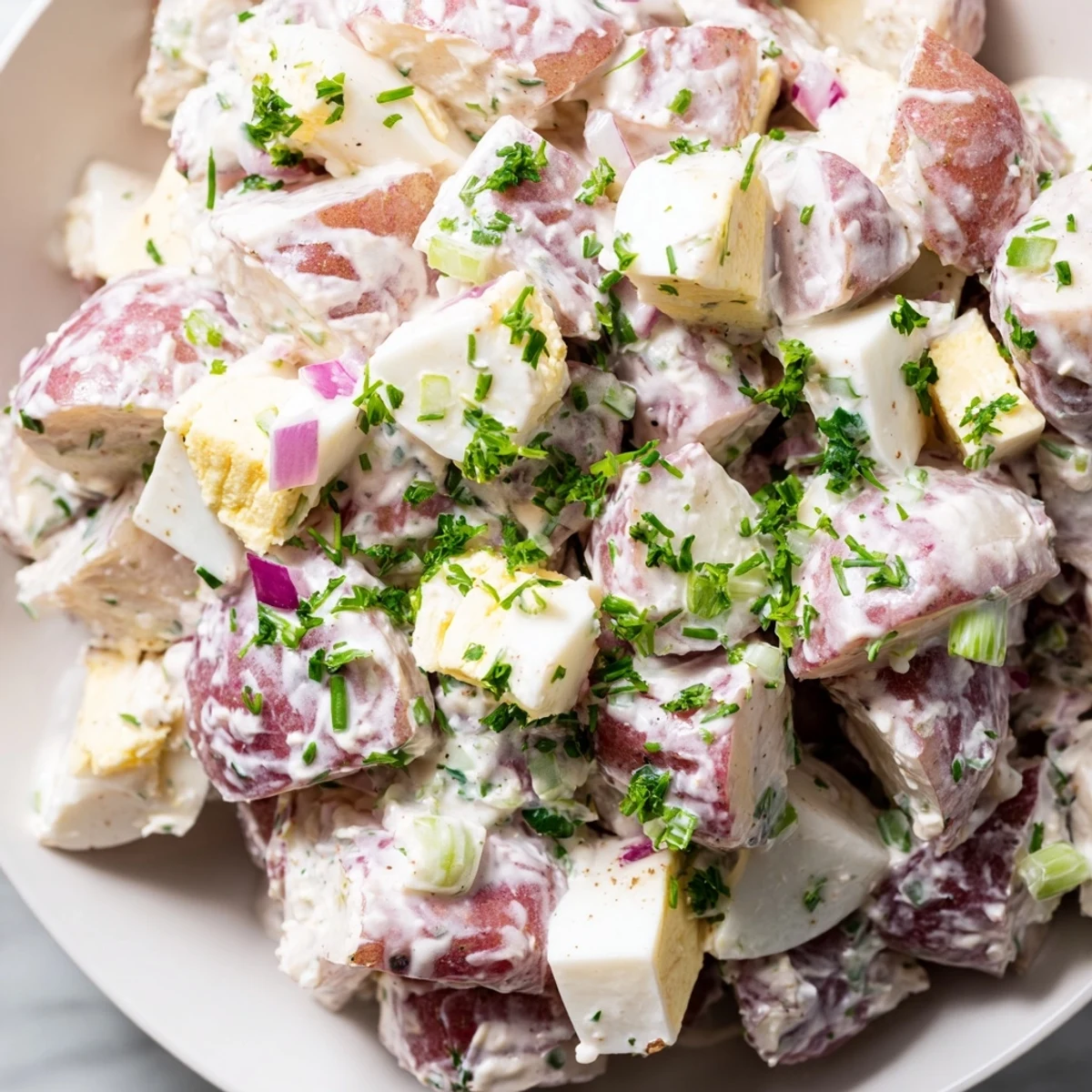 Classic American red potato salad dotted with hard-boiled eggs and chives for summer picnics
