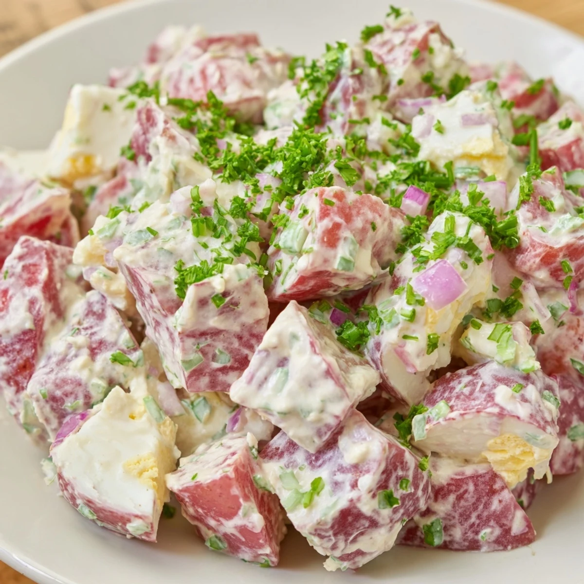 Vibrant red potato salad featuring dressed potatoes, red onion, and parsley on a serving platter
