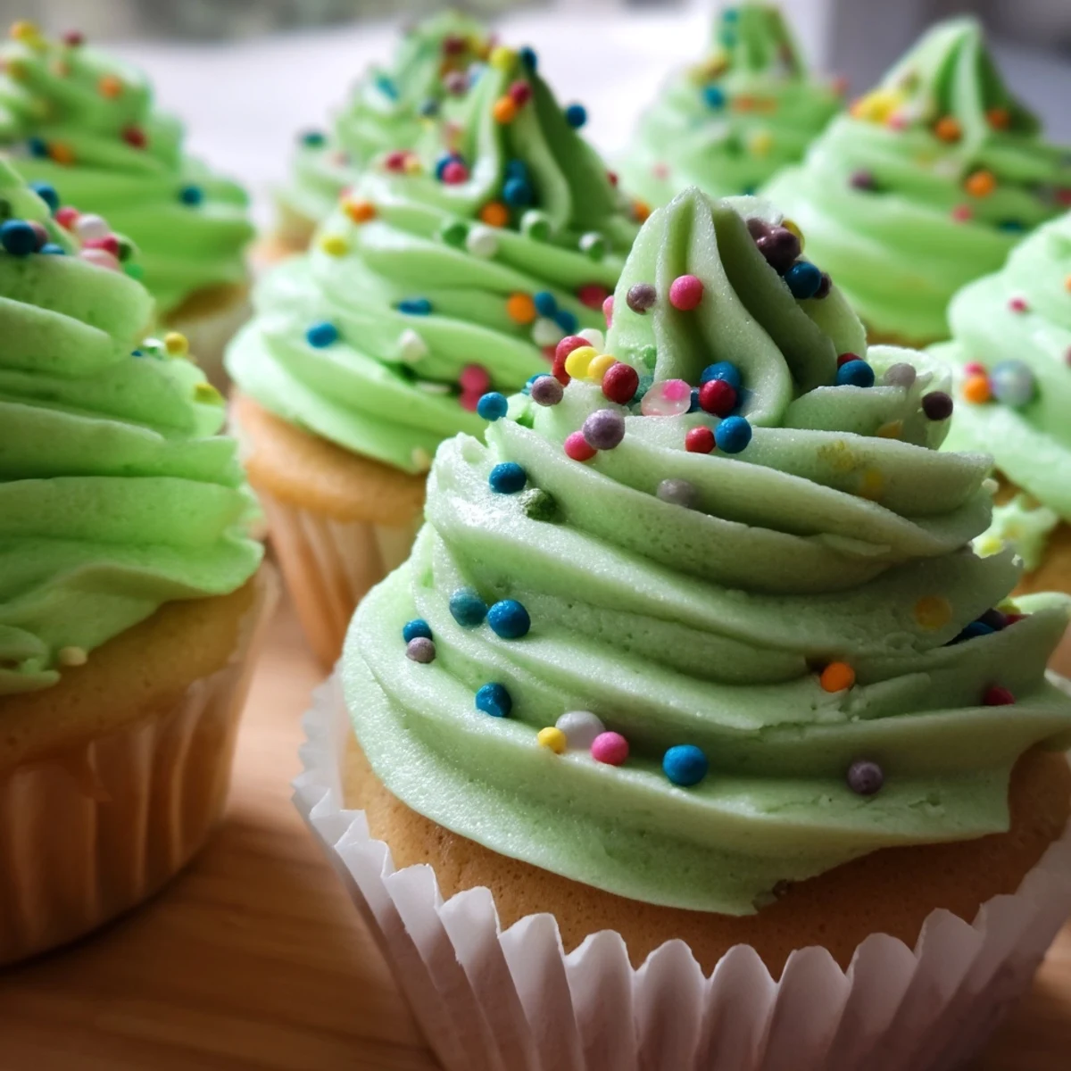 Festive cupcake Christmas tree decorated with green buttercream swirls and colorful sprinkles for holiday parties